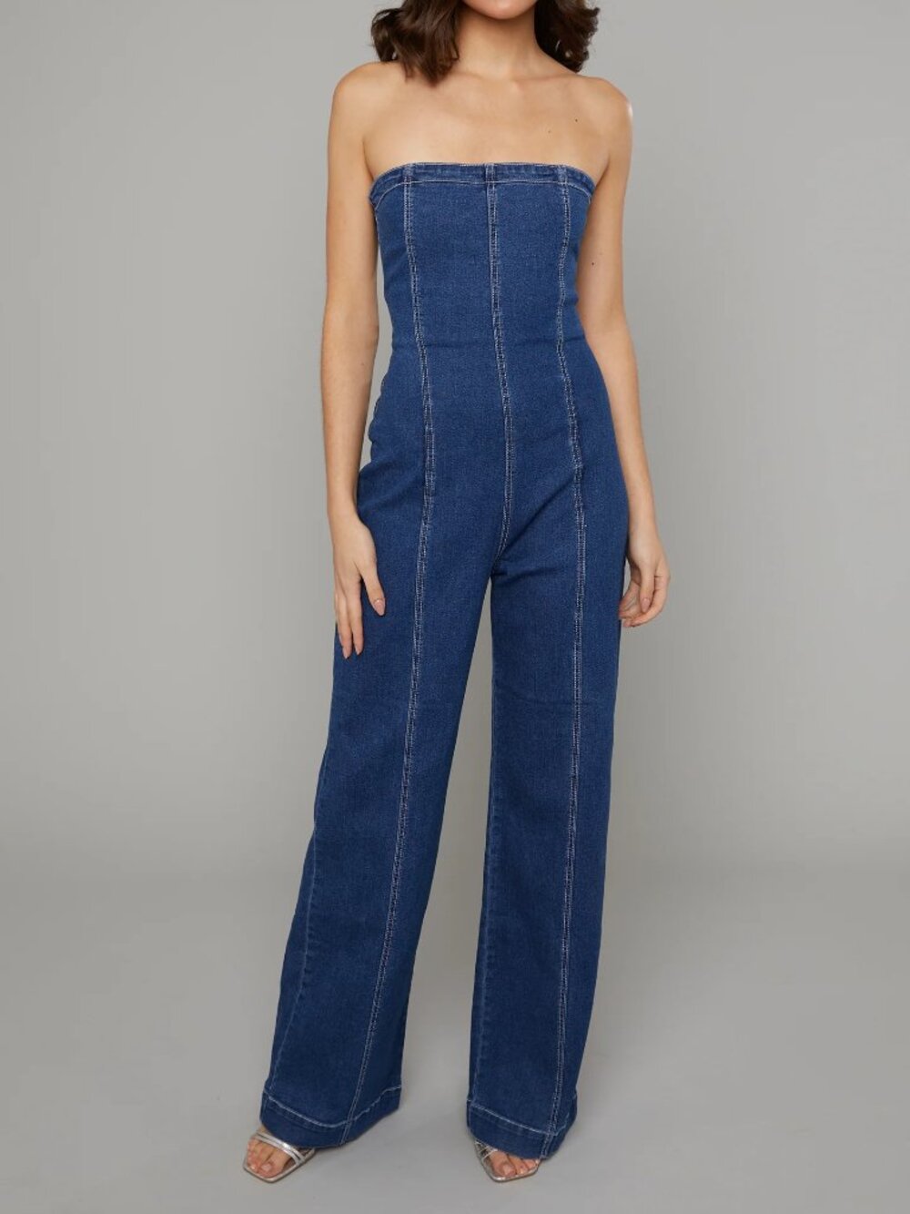 RARE london Jeans Denim Tube top Strapless Jumpsuit Cowgirl Wide leg XS